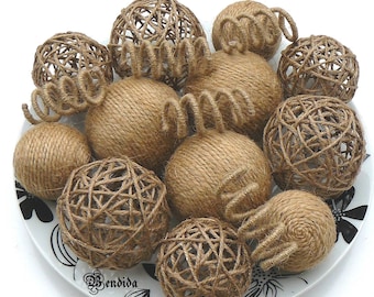 Bolas decorativas de hilo para cuencos, orbes para rellenar jarrones, esferas envueltas en cuerda de yute, centro de mesa de granja primitivo, decoración rústica para el hogar.