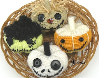 Crochet Pumpkin Ghost, Frankenstein Scarecrow Candy Corn, Halloween Accessories, Autumn Bowl Fillers, Fall Centerpiece, Console Table Decor.
