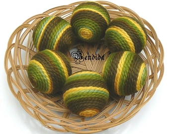 Yellow Brown and Green Decorative Balls for Bowls, Vase Fillers Orbs, Yarn Wrapped Striped Spheres, Table Centerpiece, Country Home Decor.