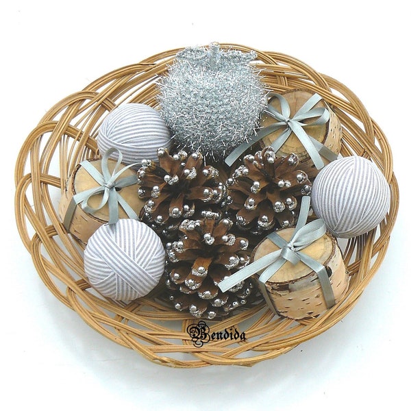 Christmas Bowls or Vase Fillers, Gray White Rag Balls, Beaded Pine Cones, Silver Apple, Mini Wood Birch Branch, Rustic Table Centerpiece.