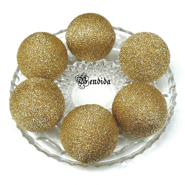 Gold Decorative Balls for Bowls, Vase Fillers Glitter Orbs, Yarn Wrapped Sparkle Spheres, Dining Room Table Centerpiece, Modern Home Decor.