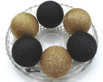 Black Gold Decorative Balls for Bowls, Vase Fillers Glitter Orbs, Yarn Wrapped Sparkle Spheres, Dining Table Centerpiece, Modern Home Decor.