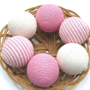 Pink and White Decorative Balls for Bowls, Vase Fillers Orbs, Macrame Rope Yarn Wrapped Spheres, Dining Table Centerpiece, Cozy Home Decor.