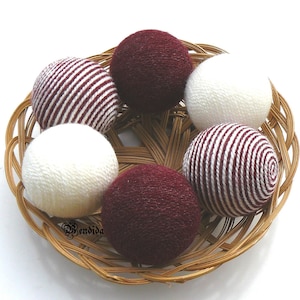 White and Burgundy Decorative Balls for Bowls, Vase Fillers Orbs, Striped Yarn Wrapped Spheres, Coffee Table Centerpiece, Mantel Home Decor.