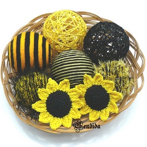 Bolas decorativas negras y amarillas para cuencos, esferas para rellenar jarrones, esferas envueltas en hilo, centros de mesa para comedor, decoración veraniega para el hogar con temática de abejas.