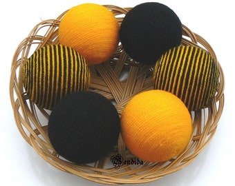 6 Yellow Black Decorative Balls for Bowls, Vase Fillers Bee Orbs, Yarn Wrapped Striped Spheres, Coffee Table Centerpiece, Summer Home Decor.