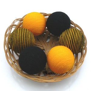 6 Yellow Black Decorative Balls for Bowls, Vase Fillers Bee Orbs, Yarn Wrapped Striped Spheres, Coffee Table Centerpiece, Summer Home Decor. image 1
