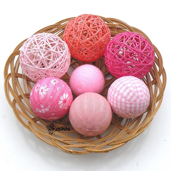 Pink Decorative Orbs for Bowls, Vase Filler Fabric Covered Rag Balls, Yarn Wrapped Spheres, Dining Table Centerpiece, Valentines Day Decor.