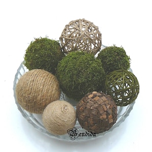 8 Moss and Twine Decorative Balls for Bowls, Vase Fillers Orbs, Jute Rope Spheres, Rustic Farmhouse Table Centerpiece, Natural Home Decor.