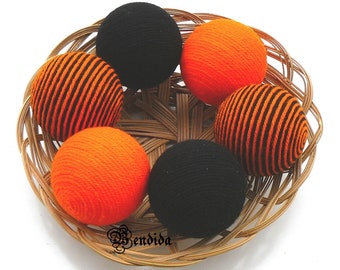 Orange and Black Decorative Balls for Bowls, Vase Filler Orbs, Yarn Wrapped Striped Spheres, Dining Table Centerpiece, Halloween Home Decor.