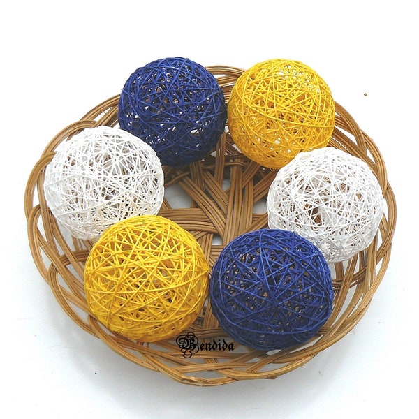 White Yellow Navy Blue Decorative Balls for Bowl, Vase Filler Orbs, Cotton Yarn Wrapped Spheres, Coffee Table Centerpiece, Year Round Decor.