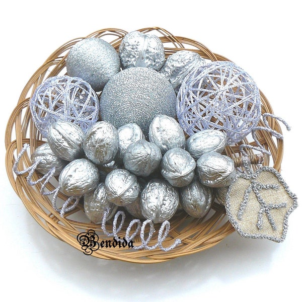 Silver Decorative Balls Bunch of Grapes for Bowls, Vase Fillers Glitter Orbs, Sparkle Spheres, Holiday Table Centerpiece, Unique Home Decor.