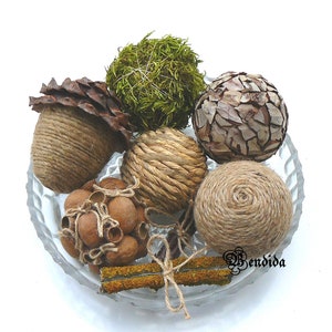 Moss Twine Decorative Balls for Bowls, Vase Fillers Raffia Orbs, Jute Rope Spheres, Rustic Farmhouse Table Centerpiece, Natural Home Decor.