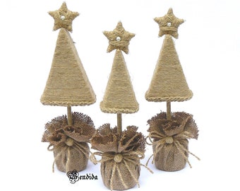 Twine Mini Christmas Tree in Burlap Pouch, Decorative Cone Tree, Jute Topiary, Rustic Farmhouse Shelf or Mantle Sitter, Boho Holiday Decor.