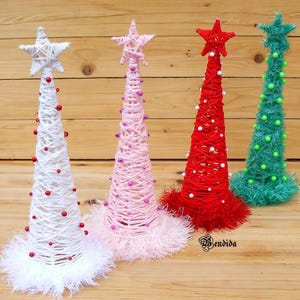 Mini Christmas Tree with Ornaments, Yarn Wrapped Cone Tree, Winter Mantel or Shelf Sitter, Decorative Table Centerpiece, Holiday Home Decor.