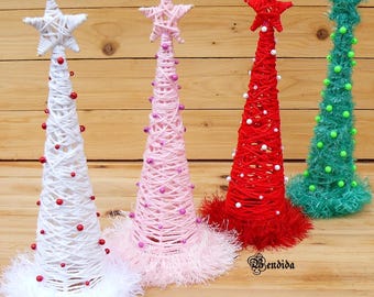 Mini Christmas Tree with Ornaments, Yarn Wrapped Cone Tree, Winter Mantel or Shelf Sitter, Decorative Table Centerpiece, Holiday Home Decor.