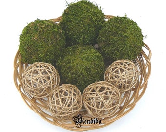 Moss and Twine Decorative Balls for Bowls, Vase Fillers Orbs, Jute Rope Spheres, Cottage Style, Rustic Table Centerpiece, Nature Home Decor.