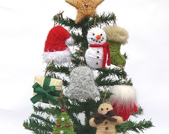 Primitive Christmas Tree Ornaments, Hanging Yarn Wrapped Snowman, Stocking, Santa Hat, Gingerbread Star Bell and Mittens, Winter Home Decor.
