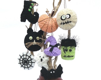 Halloween Tree Ornament, Hanging Yarn Wrapped Witch Boot Hat Cat Mummy Bat Frankenstein Ghost Pumpkin and Spider Web, Primitive Spooky Decor
