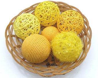 Yellow Decorative Balls for Bowls, Vase Fillers Orbs, Yarn Wrapped Spheres, Dining Table Centerpiece, Summer Home Decor, New Home Gift Idea.