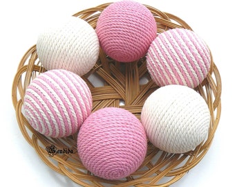 Pink and White Rope Decorative Balls for Bowls, Vase Filler Orbs, Macrame Yarn Wrapped Spheres, Dining Table Centerpiece, Baby Room Decor.