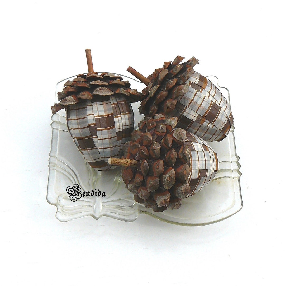 3 Large Fabric Acorns With Pine Cones Caps, Decorative Bowl Vase