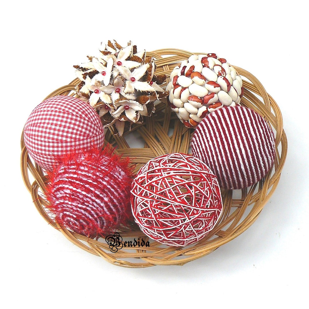 Red White Decorative Balls for Bowl, Vase Fillers Textured Orbs, Yarn