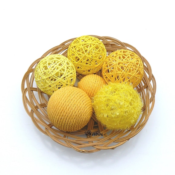 Yellow Decorative Balls for Bowls, Vase Fillers Orbs, Yarn Wrapped Spheres, Dining Table Centerpiece, Summer Home Decor, New Home Gift Idea.