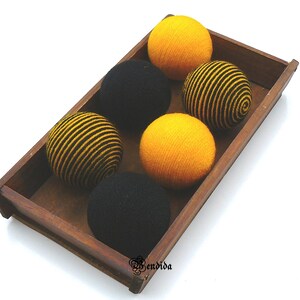 6 Yellow Black Decorative Balls for Bowls, Vase Fillers Bee Orbs, Yarn Wrapped Striped Spheres, Coffee Table Centerpiece, Summer Home Decor. image 7