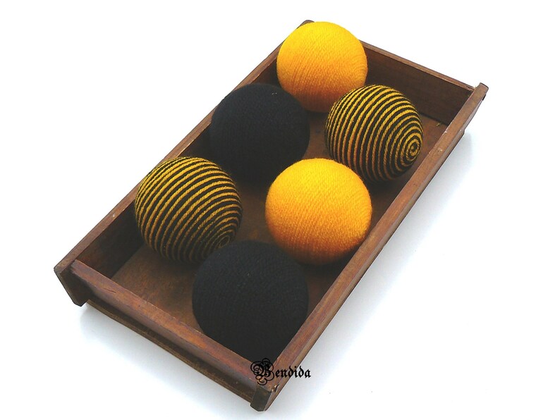6 Yellow Black Decorative Balls for Bowls, Vase Fillers Bee Orbs, Yarn Wrapped Striped Spheres, Coffee Table Centerpiece, Summer Home Decor. image 7