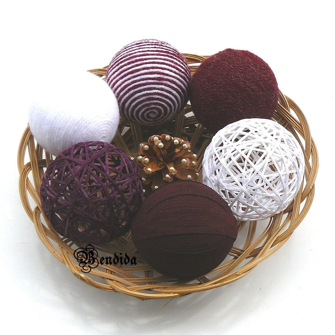 Wrapped Sphere Burgundy and White Decorative Balls for Bowls, Vase Fillers Orbs, Yarn ...