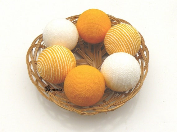 Yellow and White Decorative Balls for Bowls, Vase Fillers Orbs, Yarn Wrapped Striped Spheres, Dining Table Centerpiece, Summer Home Decor.