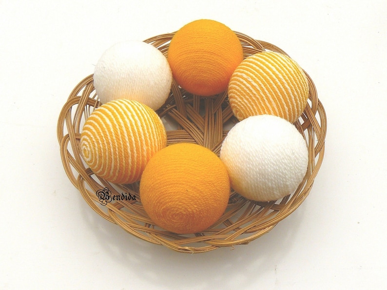 Yellow and White Decorative Balls for Bowls, Vase Fillers Orbs, Yarn Wrapped Striped Spheres, Dining Table Centerpiece, Summer Home Decor. image 1
