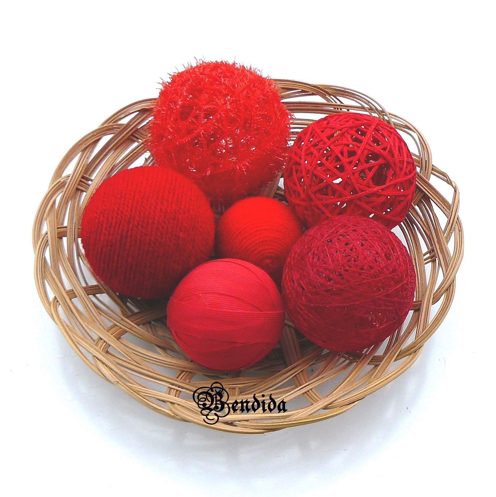 6 Red Decorative Balls for Bowls, Vase Fillers Orbs, Yarn Wrapped Spheres  for Tiered Tray, Dining Table Centerpiece, Rustic Holiday Decor. 