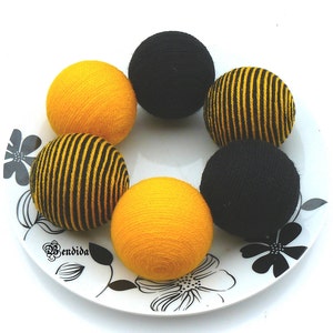 6 Yellow Black Decorative Balls for Bowls, Vase Fillers Bee Orbs, Yarn Wrapped Striped Spheres, Coffee Table Centerpiece, Summer Home Decor. image 8