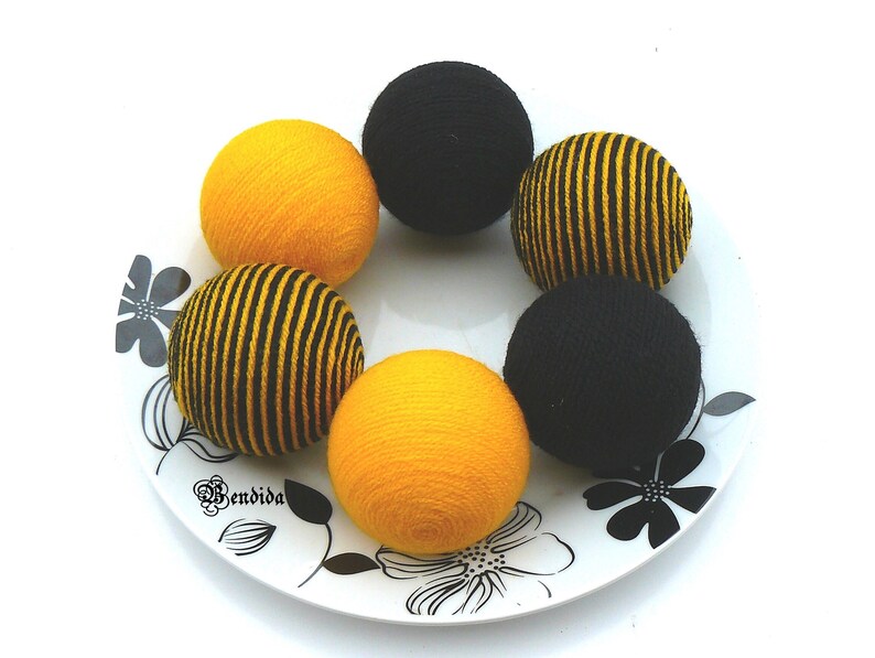 6 Yellow Black Decorative Balls for Bowls, Vase Fillers Bee Orbs, Yarn Wrapped Striped Spheres, Coffee Table Centerpiece, Summer Home Decor. image 8