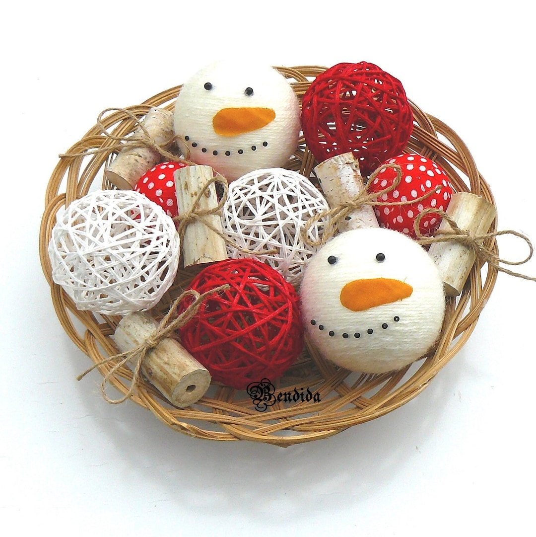 White Red Decorative Balls for Bowls, Vase Fillers Snowman Orbs, Yarn