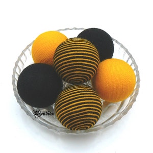 6 Yellow Black Decorative Balls for Bowls, Vase Fillers Bee Orbs, Yarn Wrapped Striped Spheres, Coffee Table Centerpiece, Summer Home Decor. image 2