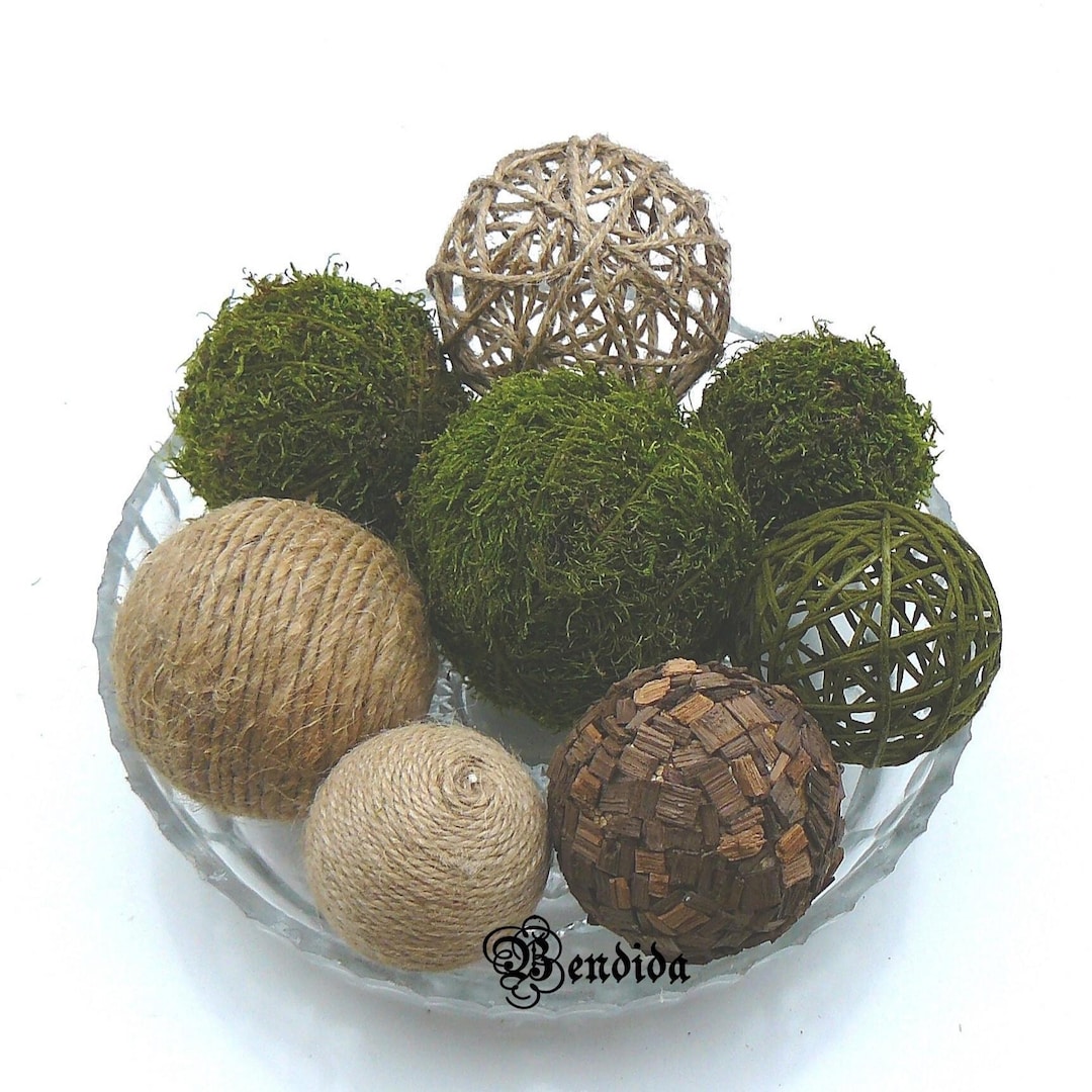8 Moss and Twine Decorative Balls for Bowls, Vase Fillers Orbs, Jute ...