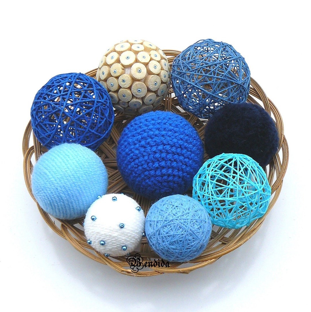 9 Blue and White Decorative Balls for Bowls, Vase Filler Textured Orbs