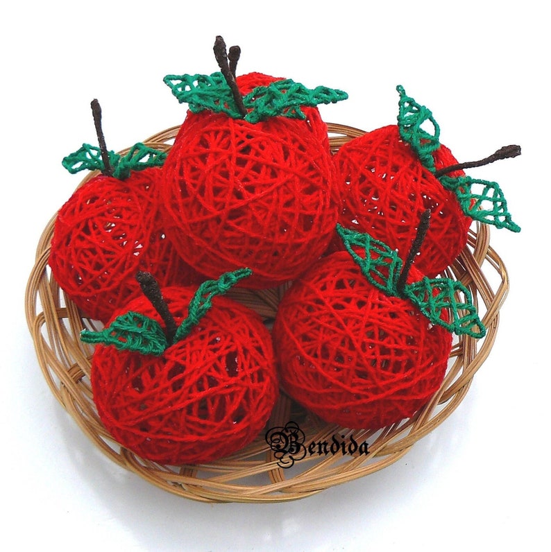 Red Decorative Apples Balls for Bowls, Yarn Wrapped Fake Fruit, Vase