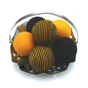 6 Yellow Black Decorative Balls for Bowls, Vase Fillers Bee Orbs, Yarn Wrapped Striped Spheres, Coffee Table Centerpiece, Summer Home Decor. image 6