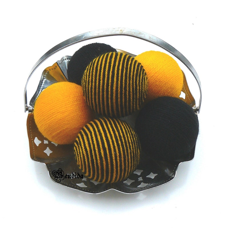 6 Yellow Black Decorative Balls for Bowls, Vase Fillers Bee Orbs, Yarn Wrapped Striped Spheres, Coffee Table Centerpiece, Summer Home Decor. image 6