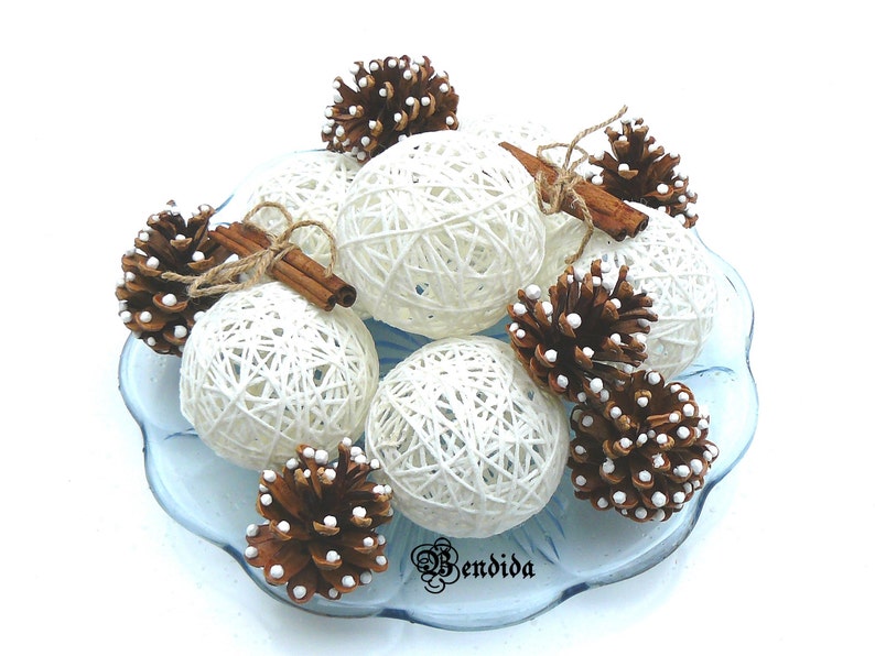 White Decorative Balls and Pine Cones for Bowl Vase Fillers Etsy