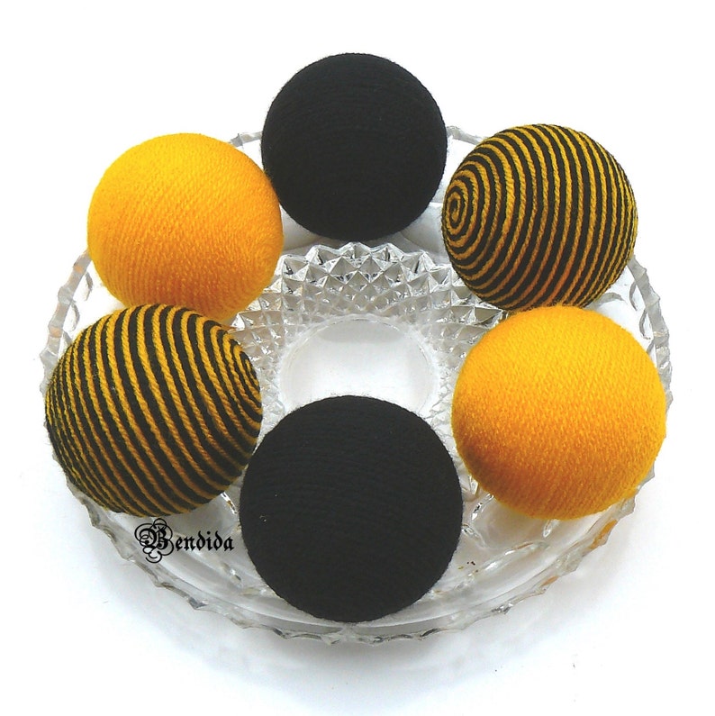 6 Yellow Black Decorative Balls for Bowls, Vase Fillers Bee Orbs, Yarn Wrapped Striped Spheres, Coffee Table Centerpiece, Summer Home Decor. image 4