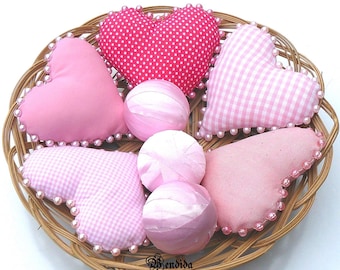 Pink Fabric Hearts and Rag Balls Set, Valentines Day Decor, Dough Bowl or Vase Fillers, Mini Stuffed Pillows, Farmhouse Tiered Tray Decor.