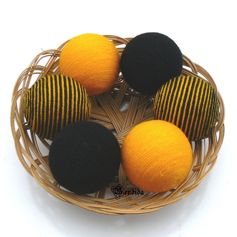 6 Yellow Black Decorative Balls for Bowls, Vase Fillers Bee Orbs, Yarn Wrapped Striped Spheres, Coffee Table Centerpiece, Summer Home Decor. image 1