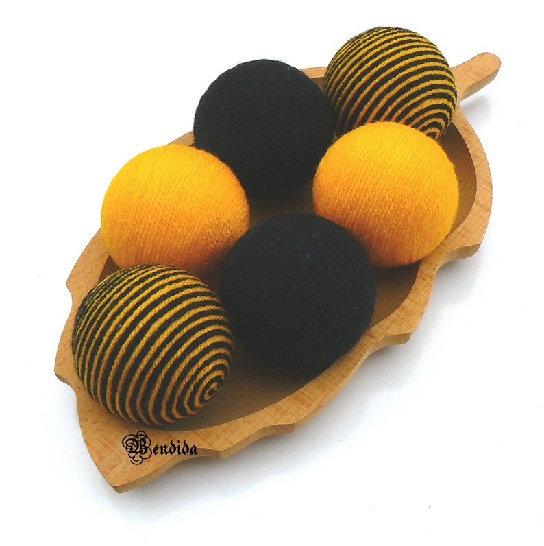 6 Yellow Black Decorative Balls for Bowls, Vase Fillers Bee Orbs, Yarn Wrapped Striped Spheres, Coffee Table Centerpiece, Summer Home Decor. image 3