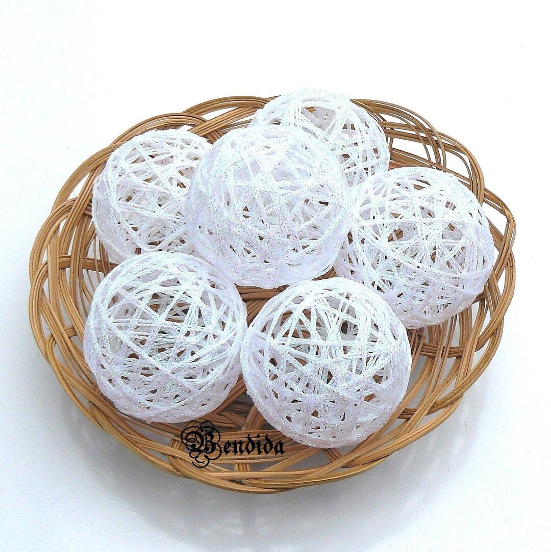White Decorative Balls for Bowl, Vase Filler Glitter Orbs, Yarn Wrapped