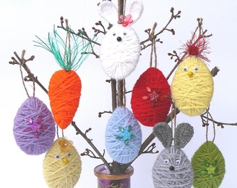 Easter Tree Ornaments, Yarn Wrapped Eggs, Bunny Rabbit, Carrot, Chicken, Primitive Hanging Decoration, Spring Home Decor, Rustic Gift Ideas.
